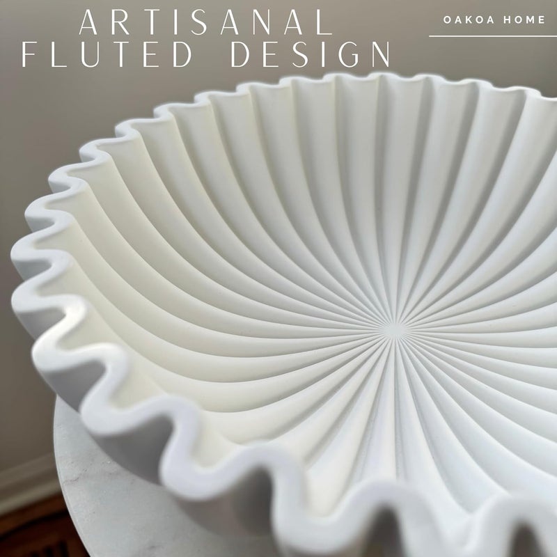OAOKA Concrete Decorative Bowl - White Large Decorative Bowls for Home Decor - Coffee Table Bowl Decor - Scalloped Ruffle Centerpiece Bowl - Image 3